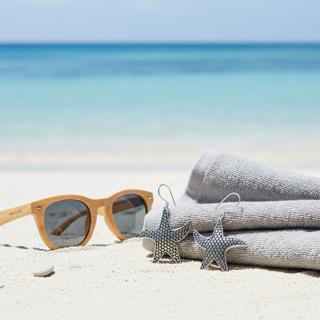 Silver starfish-shaped dangle earrings with a textured honeycomb pattern, displayed on a sandy beach next to a pair of wooden-framed sunglasses and a gray towel.