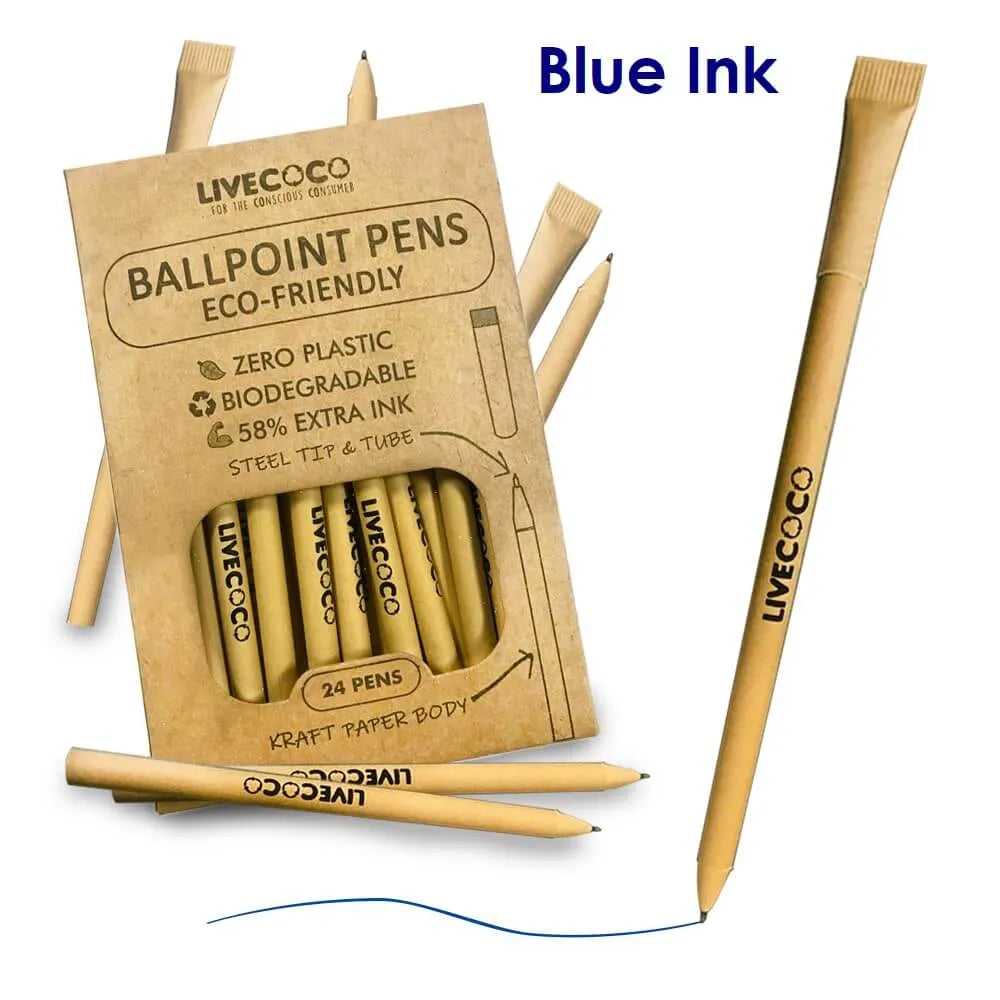 Livecoco eco-friendly ballpoint pens with blue ink on a white background