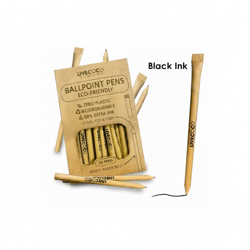 Livecoco eco-friendly ballpoint pens with black ink on a white background