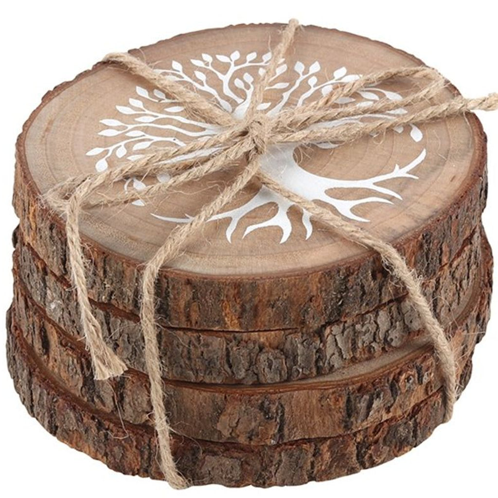 Wooden Coasters - Tree of Life Wood Slice Coaster - A set of 4 natural raw-edge wooden coasters featuring a Tree of Life design in White.