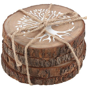 Wooden Coasters - Tree of Life Wood Slice Coaster - A set of 4 natural raw-edge wooden coasters featuring a Tree of Life design in White.