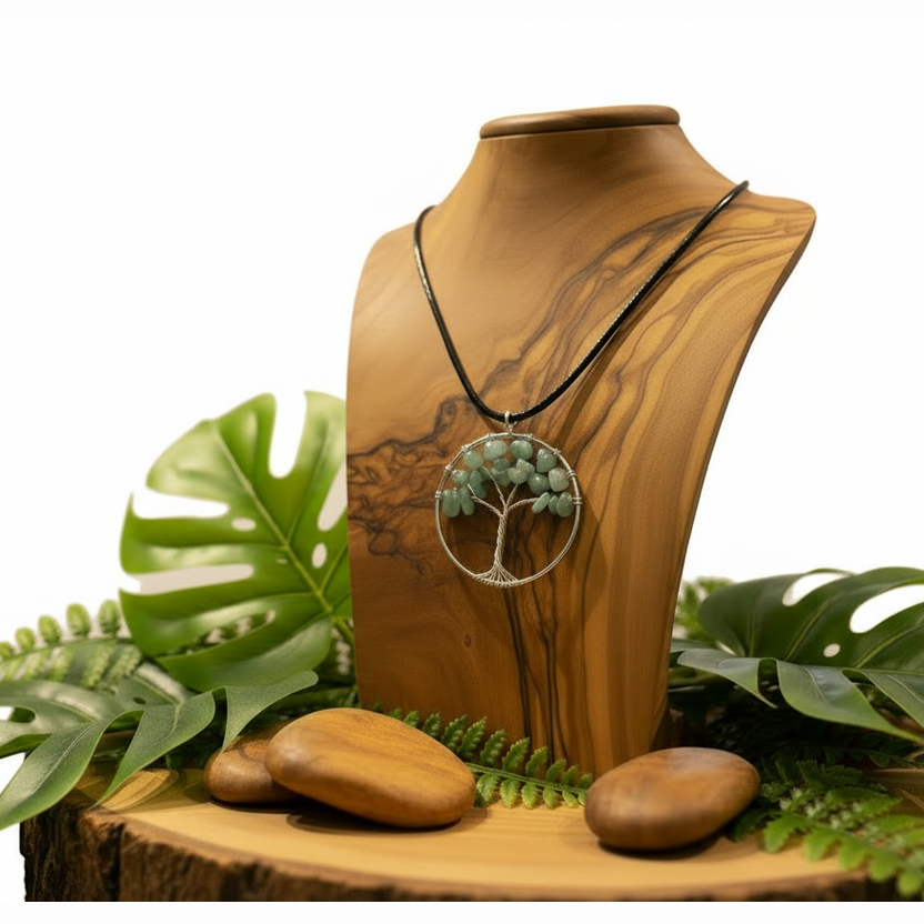 Necklace with a tree of life pendant on a wooden mannequin bust with green leaves and stones in the background.