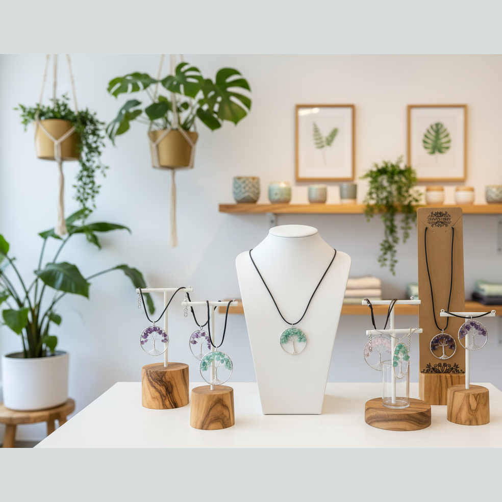 Jewelry display with necklaces on mannequin and stands against a white wall with plants.