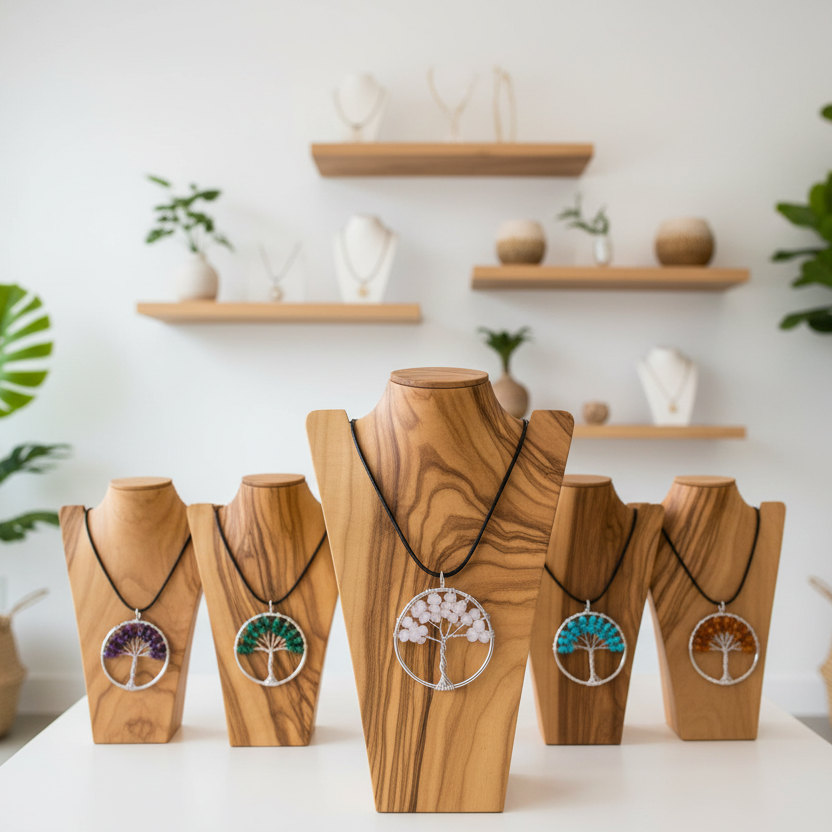 Wooden jewelry stands with necklaces on a white surface, plants in the background