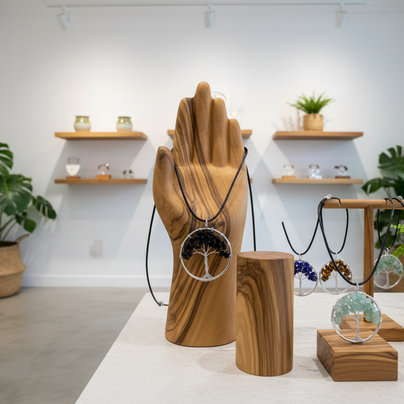 Wooden jewelry display with necklaces on a white table in a store setting.