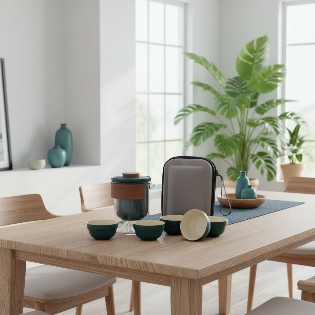 A ceramic tea set arranged on a light wood dining table in a bright, modern room. The set includes a dark teal pot with a brown leather-like band, several matching dark teal cups with cream interiors, and a grey zippered carrying case.