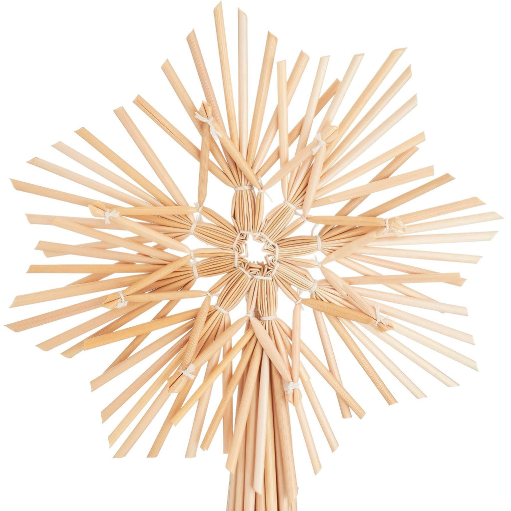 Emmy Jane Boutique - Eco-Friendly Christmas Decor - Straw Star Tree Topper. The Straw star tree topper is a joyful addition to your tree for the festive season. This handcrafted Christmas decoration is accented with heart-warming hues. Straw star tree topper Material Straw Colour Natural Measurements: D16 x H20 x W2cm.