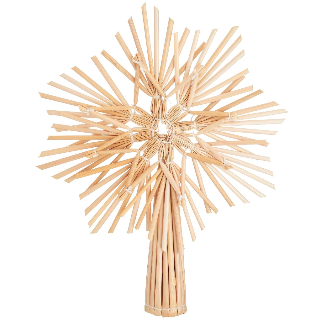 Emmy Jane Boutique - Eco-Friendly Christmas Decor - Straw Star Tree Topper. The Straw star tree topper is a joyful addition to your tree for the festive season. This handcrafted Christmas decoration is accented with heart-warming hues. Straw star tree topper Material Straw Colour Natural Measurements: D16 x H20 x W2cm.