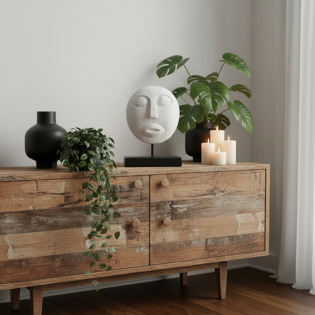 A rustic wooden sideboard or credenza in a styled room corner, decorated with potted green plants, a black vase, a white sculptural face mask on a stand, and a lit cluster of white pillar candles.