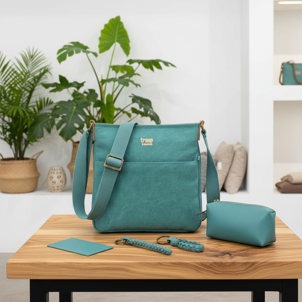 A teal crossbody bag with a matching pouch, card, and keychain are arranged on a wooden table in a styled interior setting with potted plants and shelves in the background.