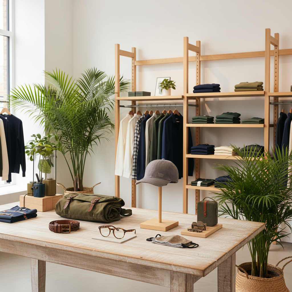 A styled retail interior with wooden shelving and a table displaying folded clothing, hats, glasses, and accessories. Real plants, a window, and a boutique-like room setting are visible, so this is Lifestyle rather than Product/Packaging.