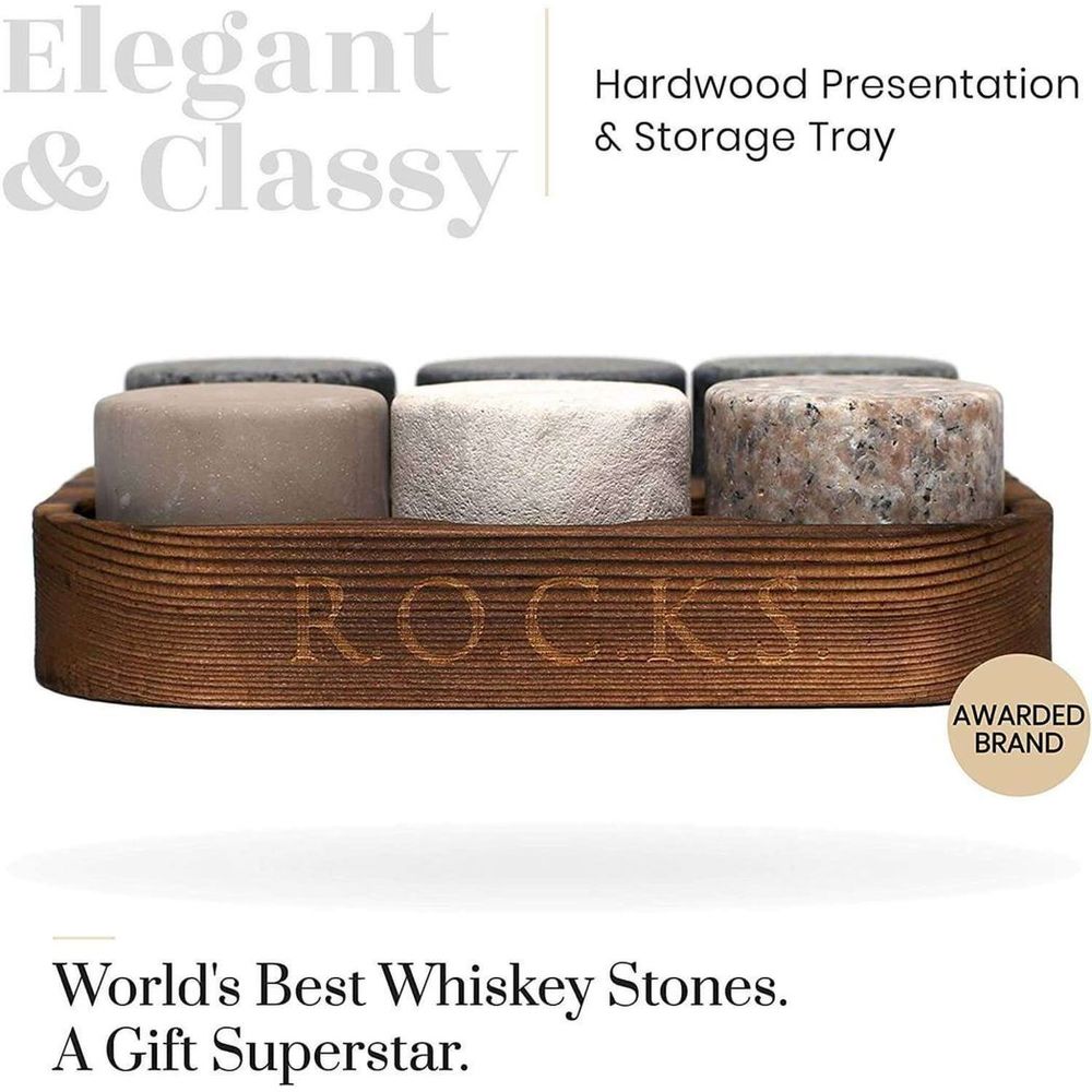 A set includes six whiskey stones, each featuring a unique colour and granite style.