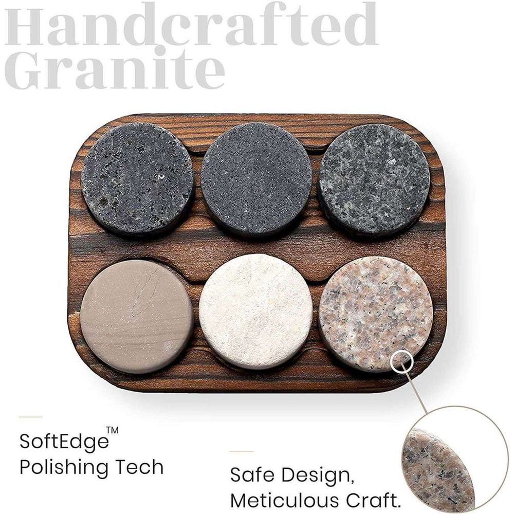 A set includes six whiskey stones, each featuring a unique colour and granite style.