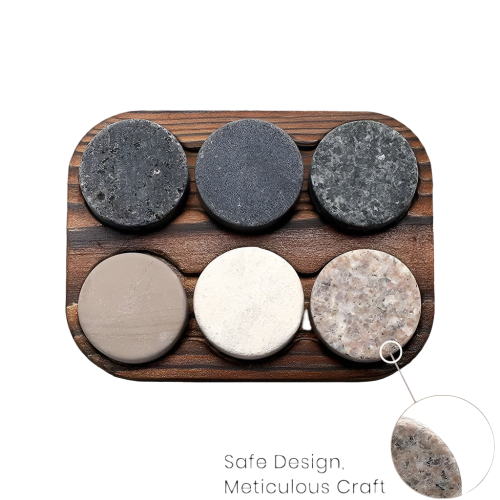 A set includes six whiskey stones, each featuring a unique colour and granite style.