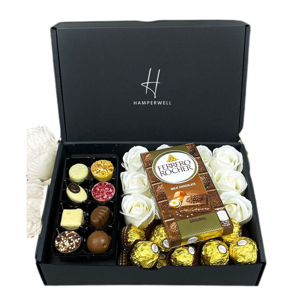 Emmy Jane - Gift Sets for Her - Ferrero Rocher Ultimate Gift Hamper With Ivory Soap Flower Roses.