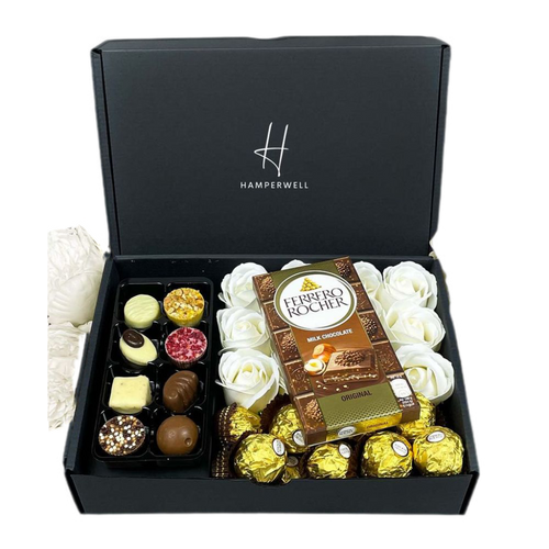 Emmy Jane - Gift Sets for Her - Ferrero Rocher Ultimate Gift Hamper With Ivory Soap Flower Roses.