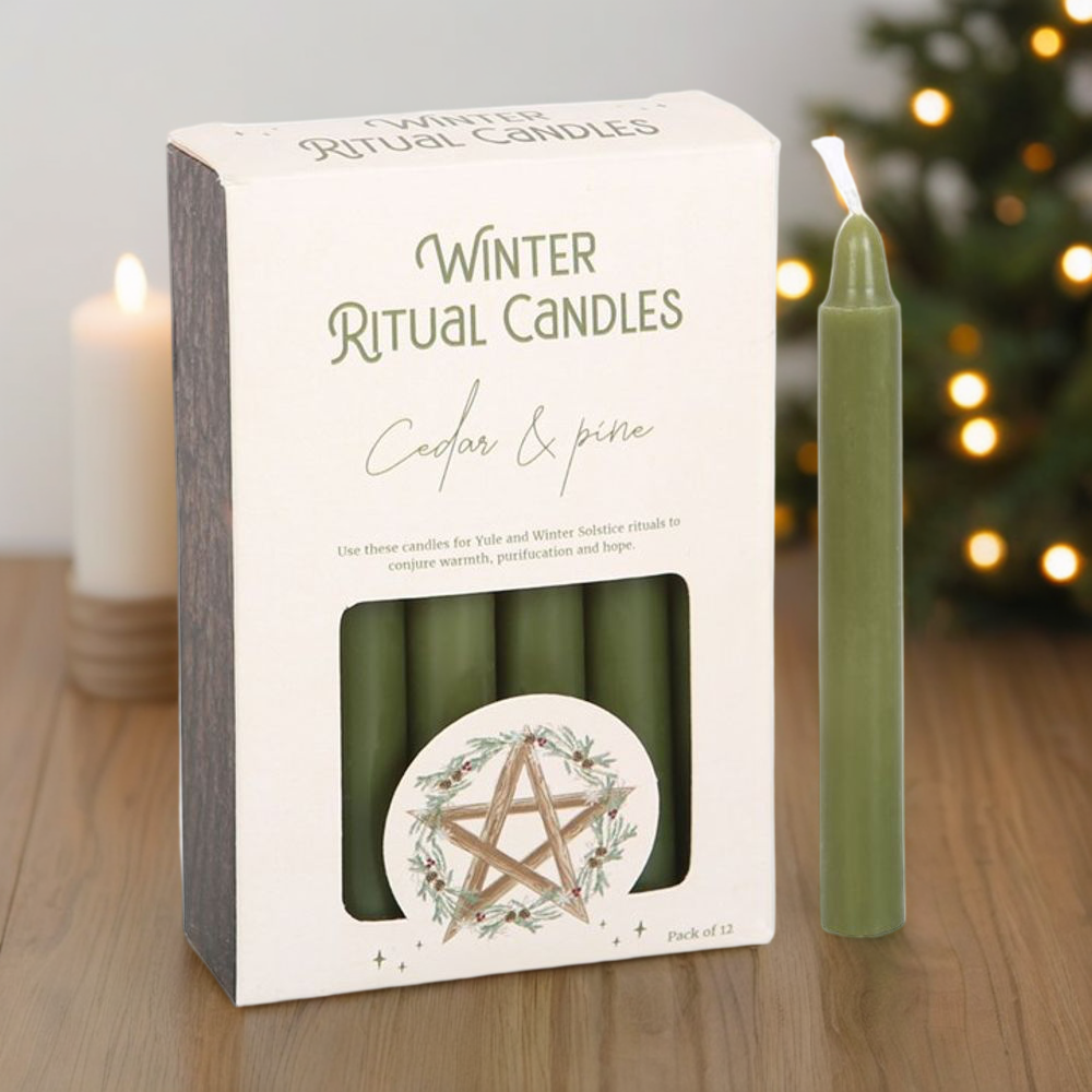 Cedar & Pine Winter Ritual Spell Candles - Green, pack of 12.