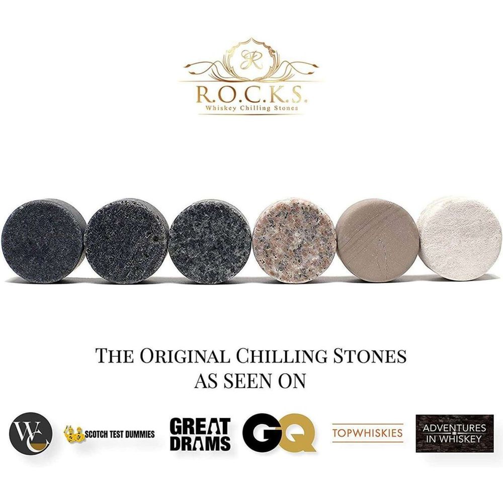 A set includes six whiskey stones, each featuring a unique colour and granite style.