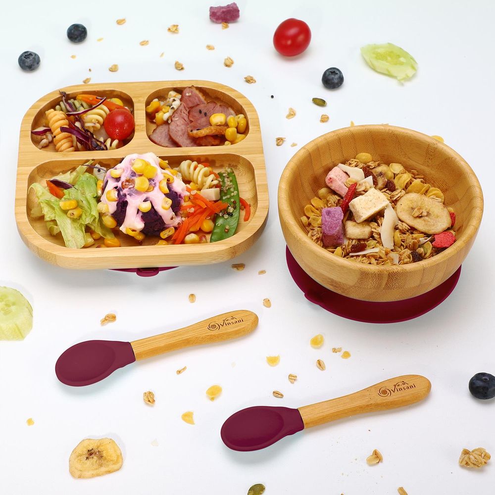 Bamboo Bowl, Square Plate and Spoon Set Suction Plate Stay-Put