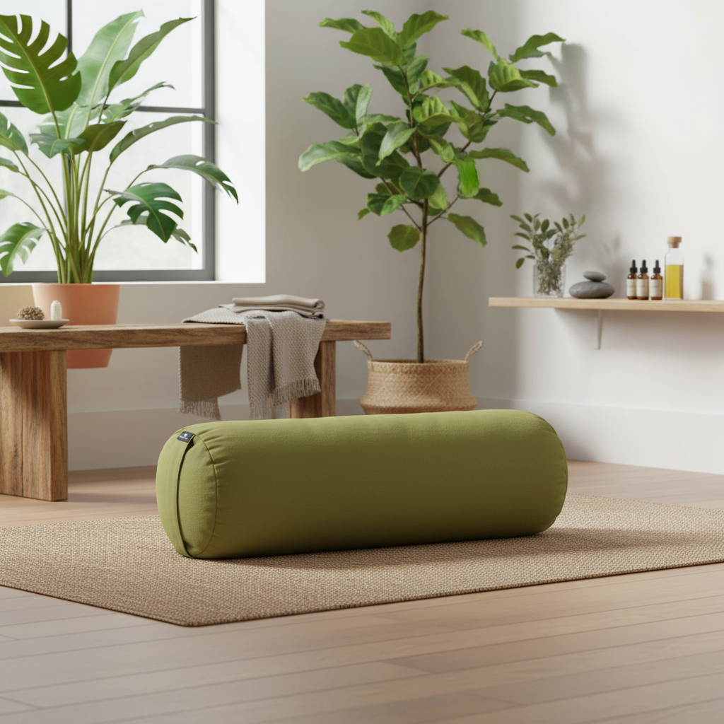 An olive green cylindrical yoga cushion with a zipper closure sits on a woven beige rug in a bright, modern room with potted plants and a wooden bench.