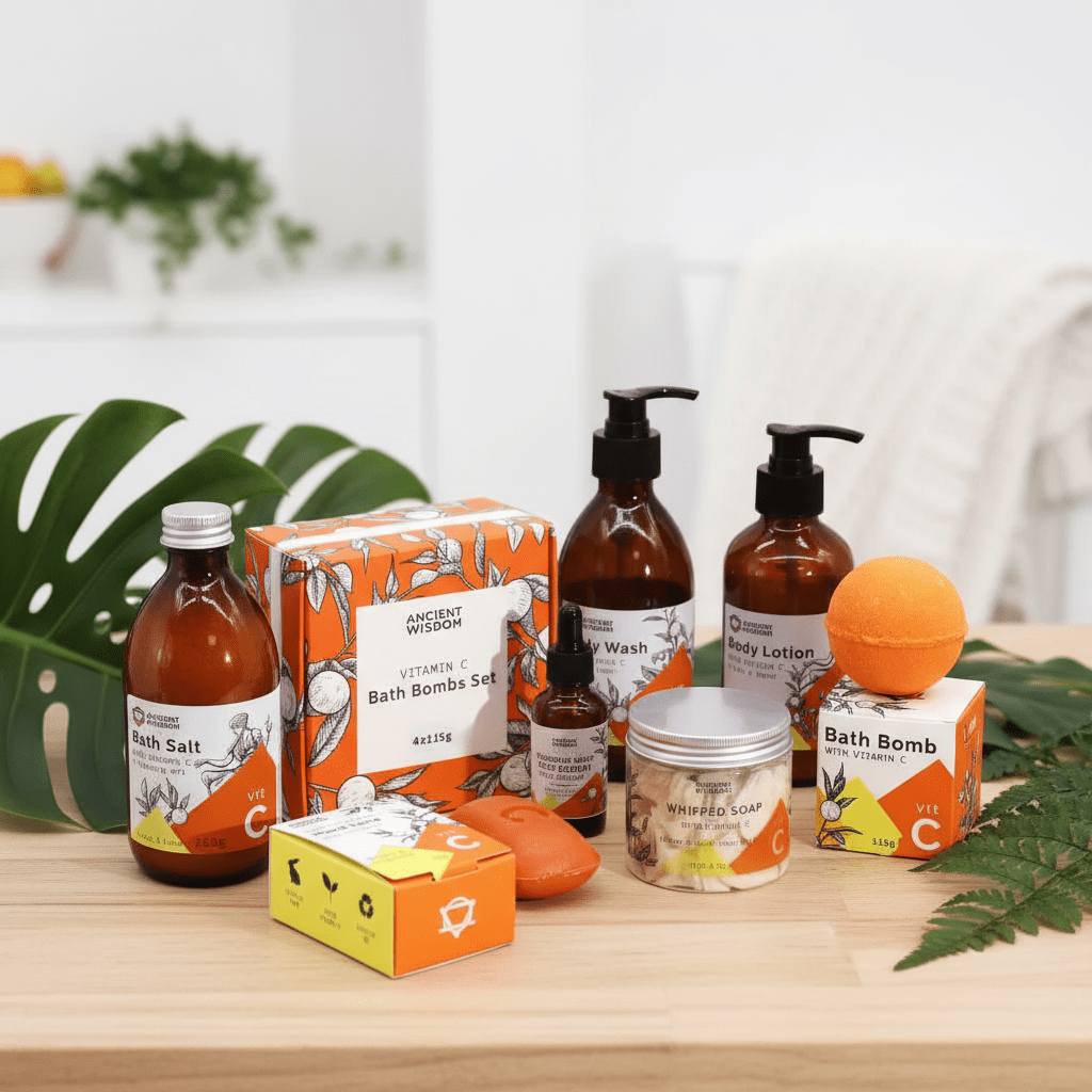Collection of bath and body products on a wooden surface with green leaves in the background.
