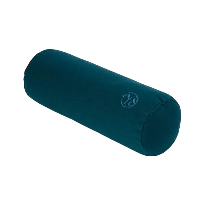 A dark teal cylindrical yoga bolster pillow with a light blue embroidered logo, shown on a solid white background.