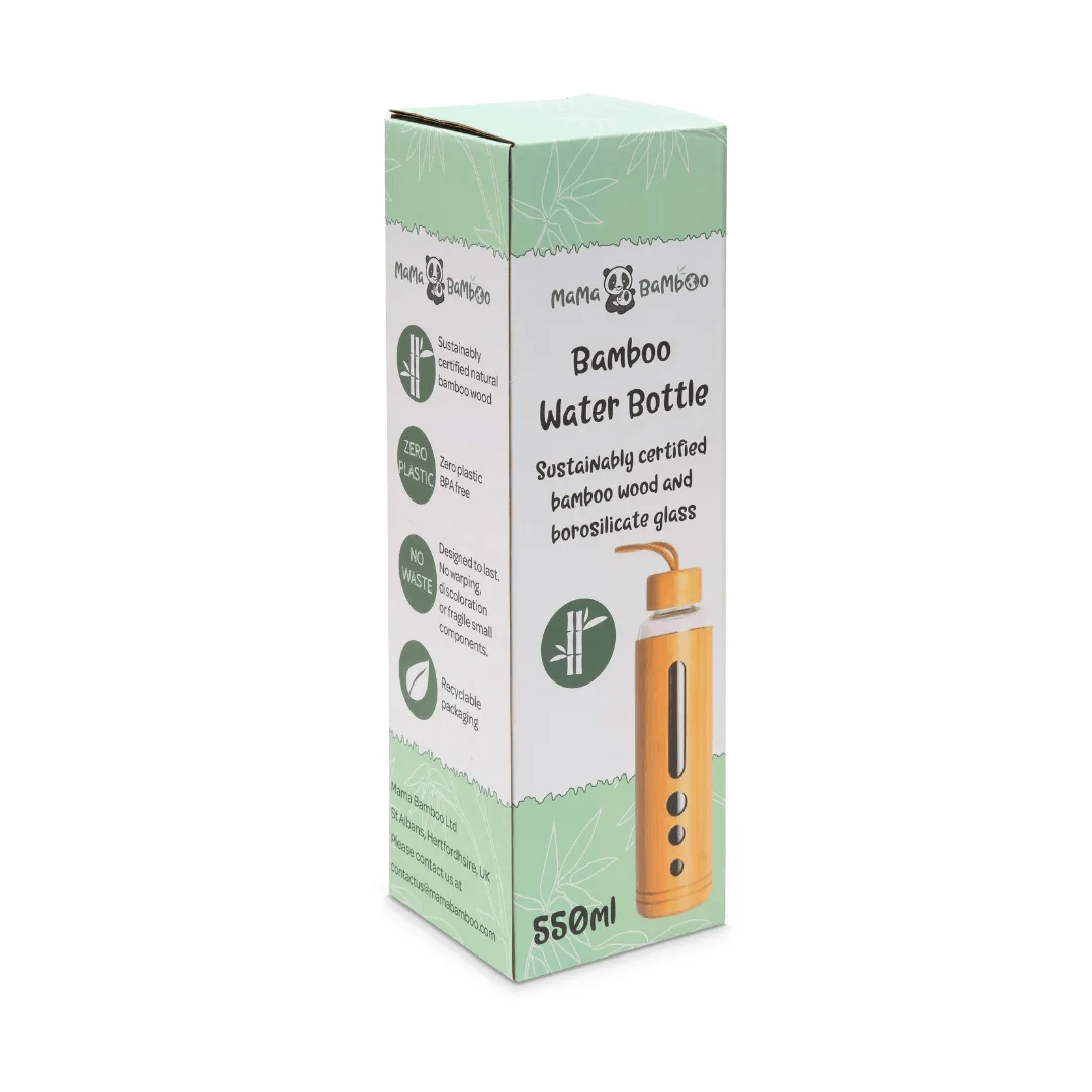 Angled view of Mama Bamboo water bottle packaging showing the 550ml capacity and product information
