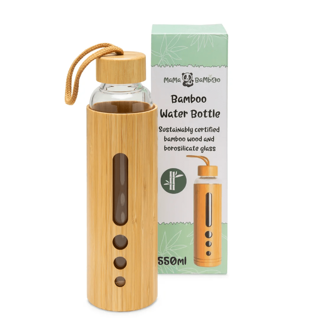 Mama Bamboo 550ml glass water bottle with bamboo casing, bamboo lid and carry cord beside its cardboard box