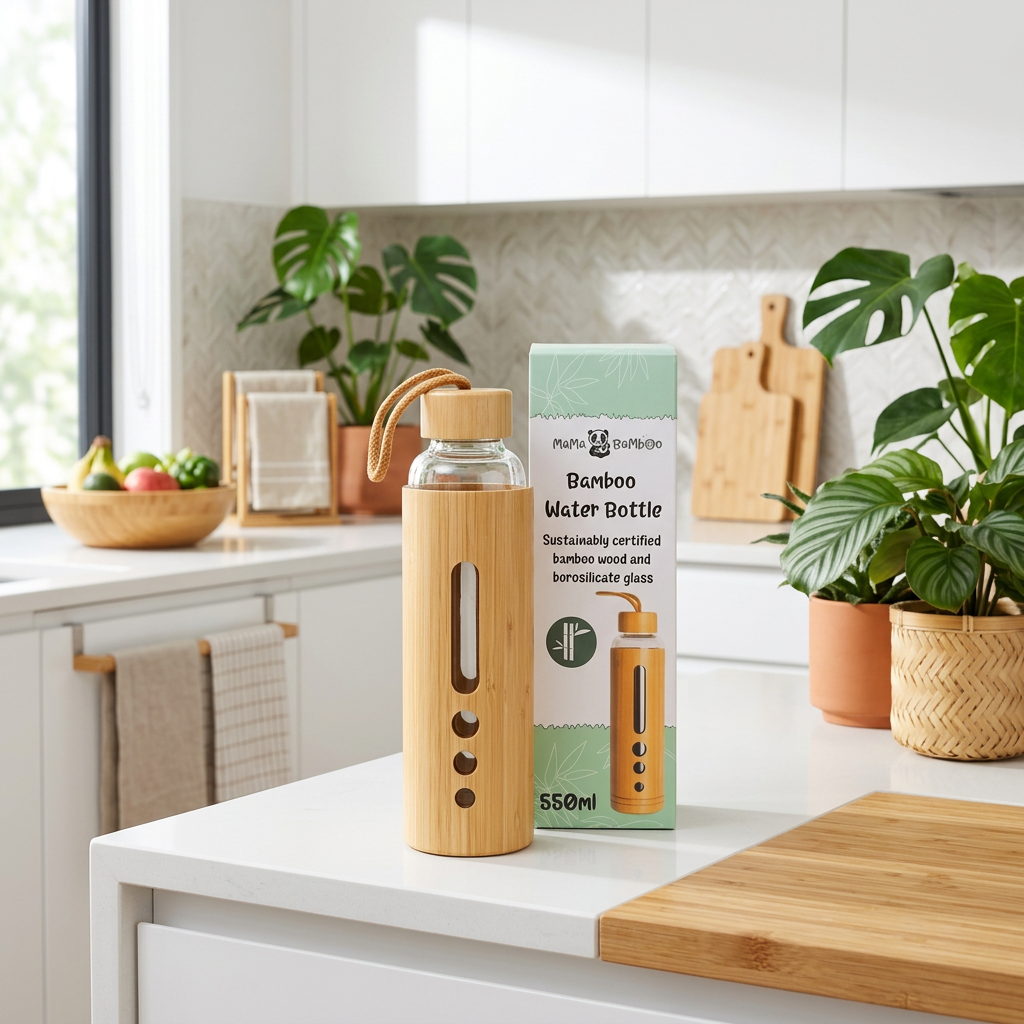Mama Bamboo 550ml glass water bottle with bamboo casing and carry cord beside its box on a bright kitchen counter