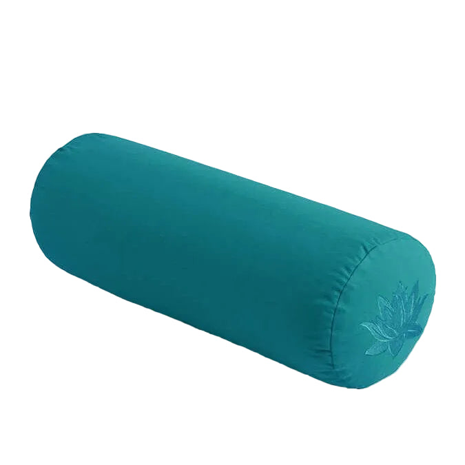 Teal yoga bolster with a lotus design on a light gray background