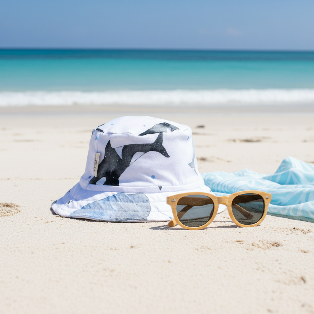 White bucket hat with black shark design and sunglasses on a sandy beach with ocean in the background