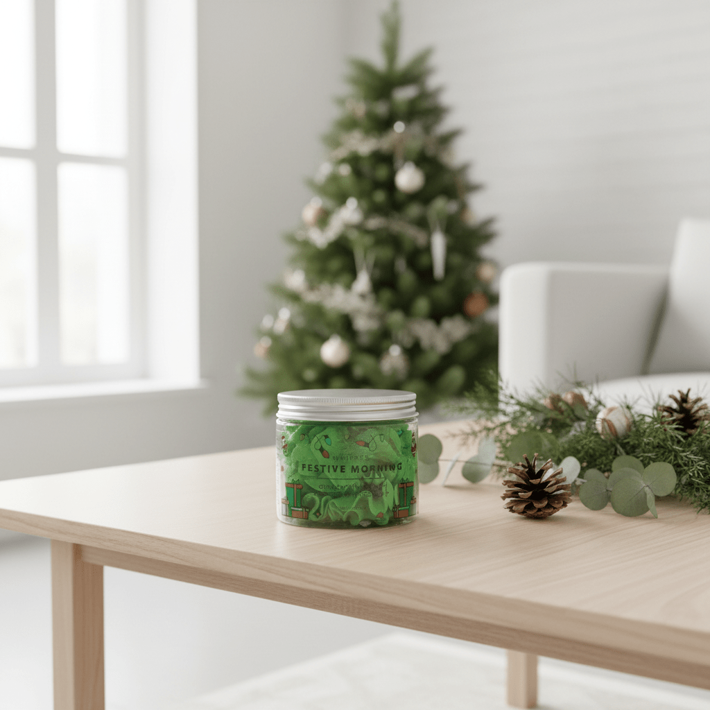 Jar of 'Festive Morning Whipped Soap' on a table with a decorated Christmas tree in the background