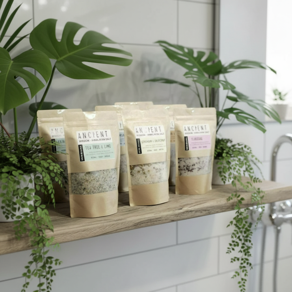 Five packages of 'Ancient Wisdom bath salts' on a wooden shelf with plants in the background.