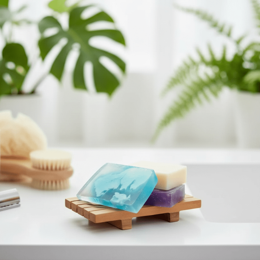Bathroom counter with soap dish holding three bars of shaving soap, a razor, and a scrubber with plants in the background.