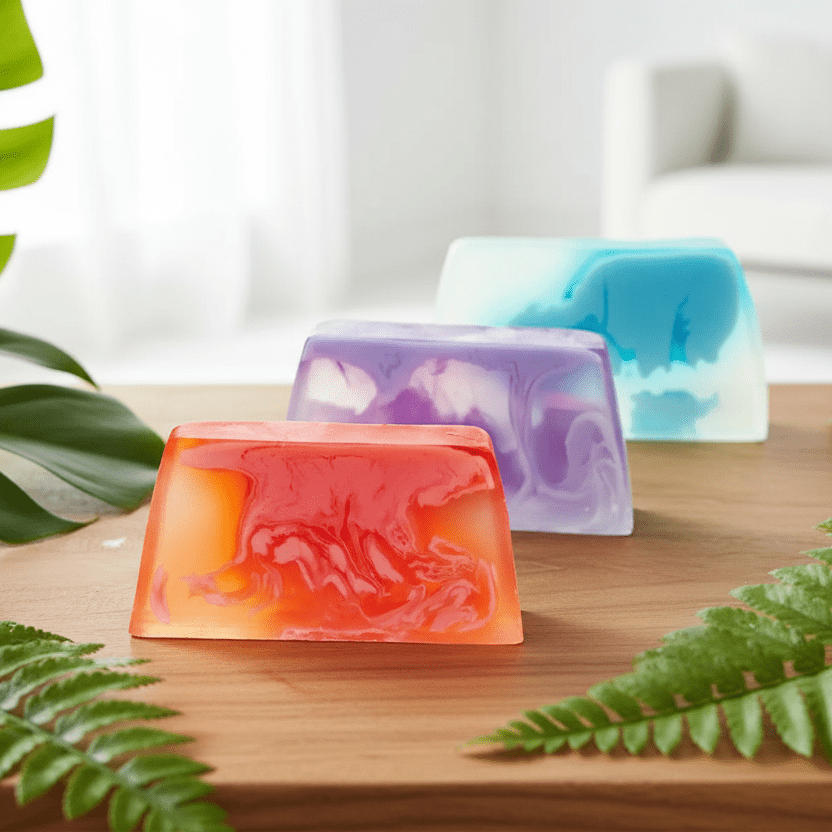 Colourful shaving soap bars on a wooden surface with green plants in the foreground