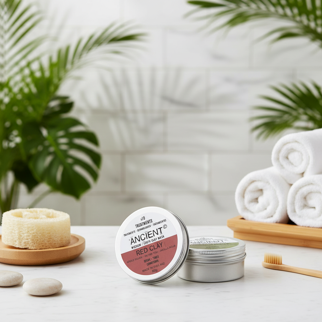 Cosmetic products on a bathroom counter with towels and plants in the background