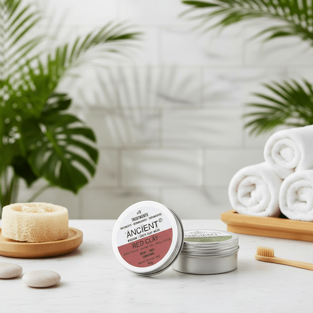 Cosmetic products on a bathroom counter with towels and plants in the background