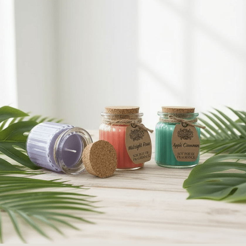 Three small jars of candles with decorative labels on a wooden surface with green leaves.