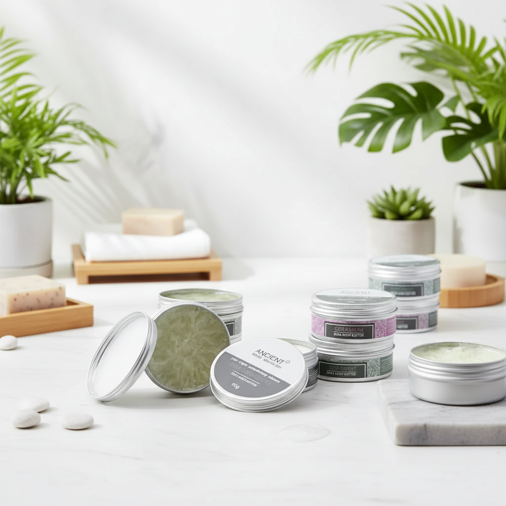 Assorted skincare products on a white surface with plants in the background