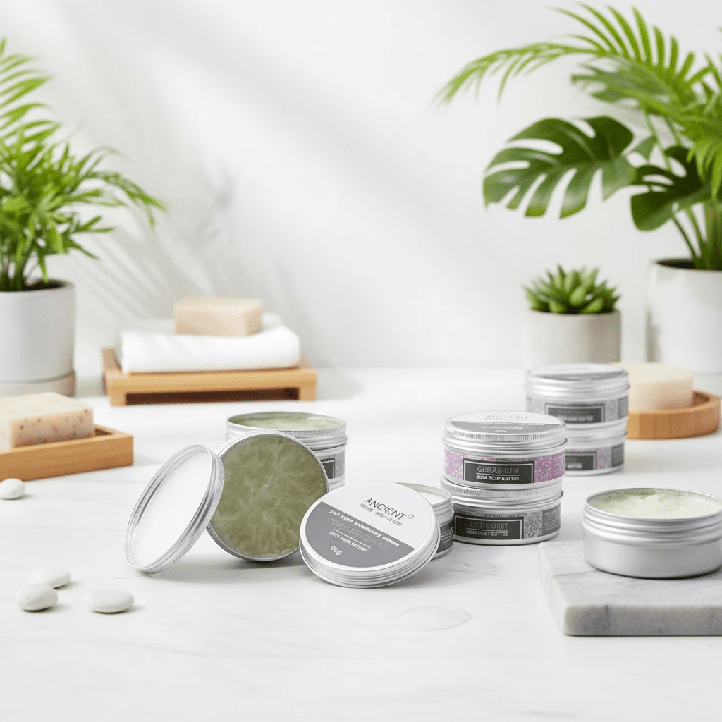 Assorted skincare products on a white surface with plants in the background