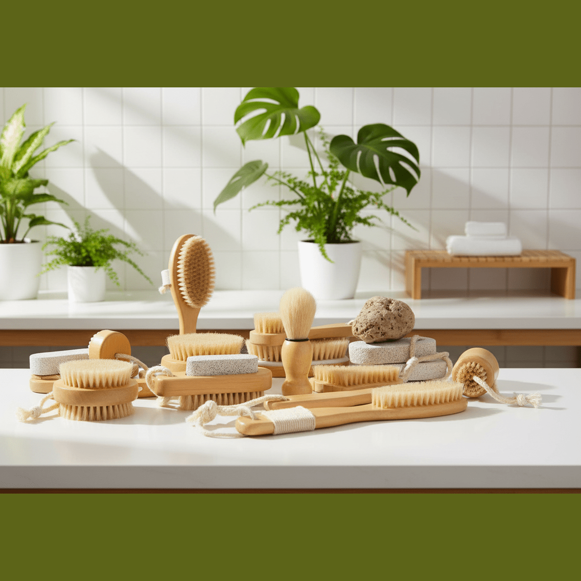 Collection of natural cleaning brushes on a white surface with plants in the background