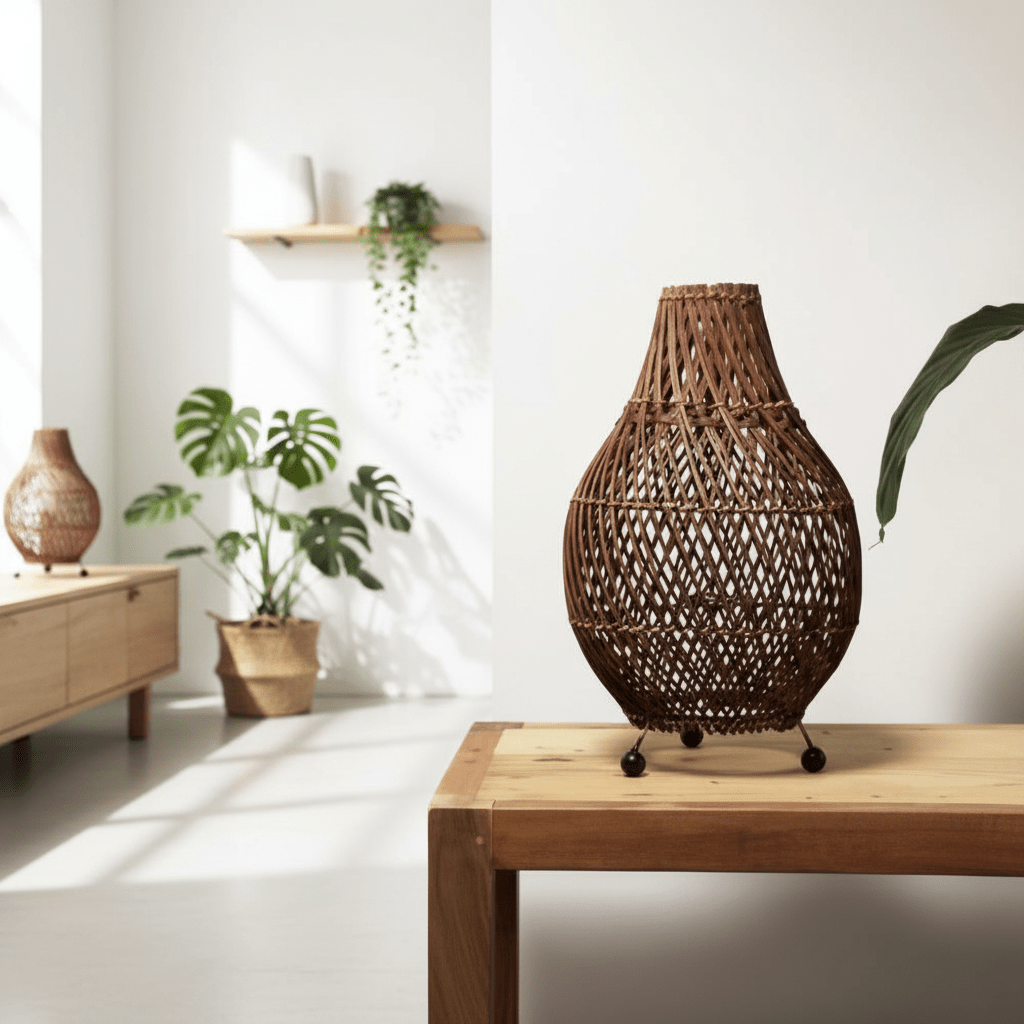 Woven rattan lamp on a wooden table with a minimalistic background