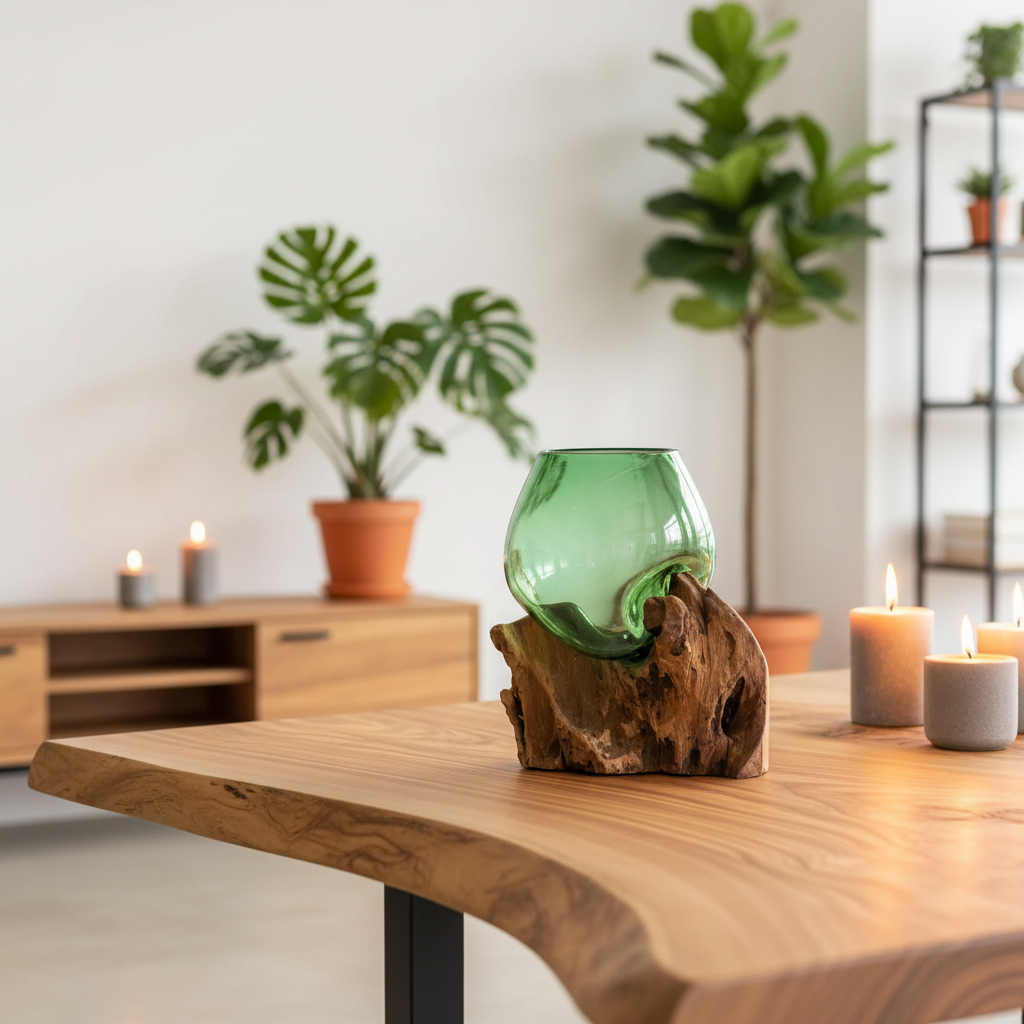 Green glass candle holder on a wooden base with candles and plants in the background