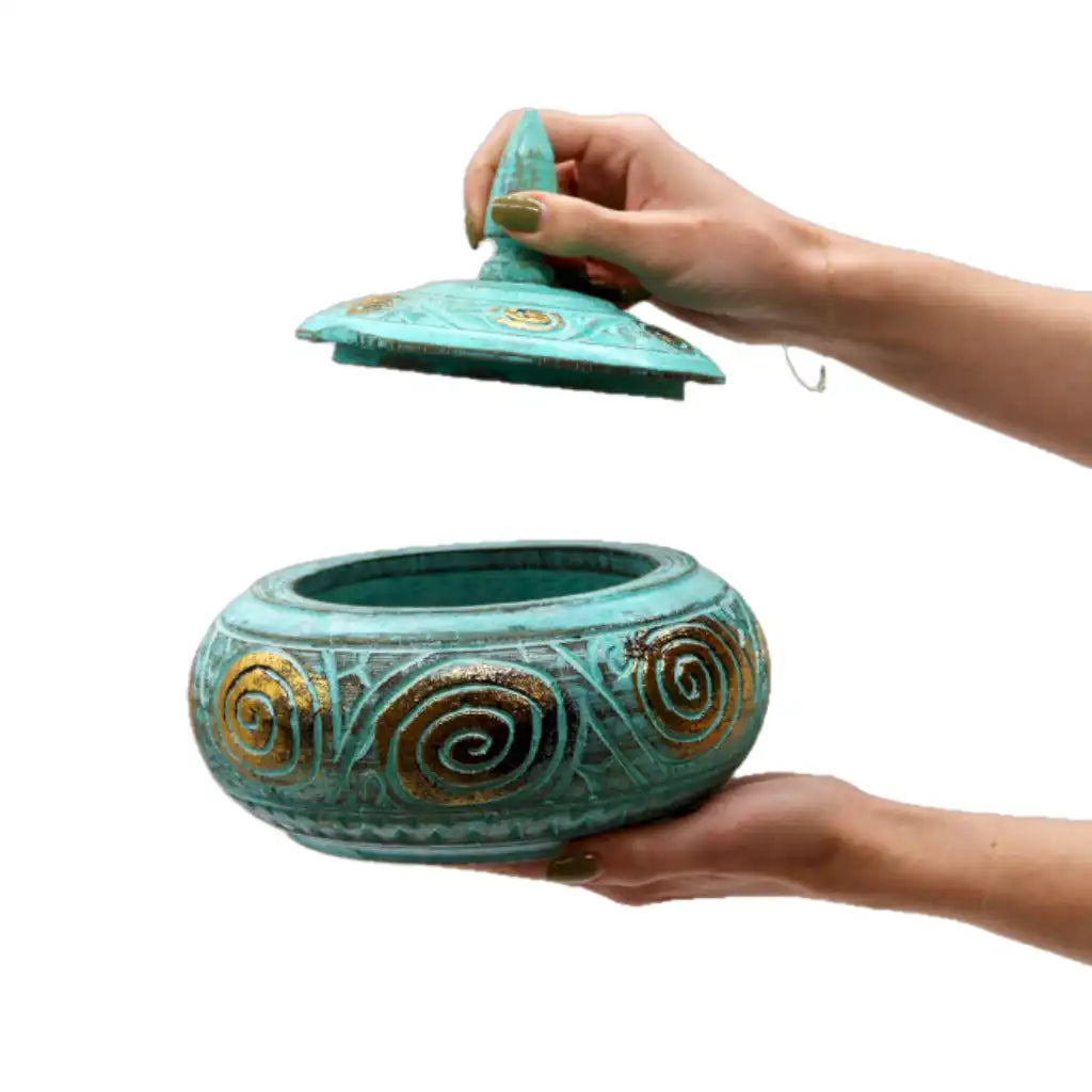 Ancient Wisdom Wooden Trinket Dish Jar Tray with Lid - Handmade & Fairly Traded Home & Garden > Household Supplies > Storage & Organisation > Household Storage Containers > Decorative Wooden Storage Jars emmy-jane-boutique.myshopify.com