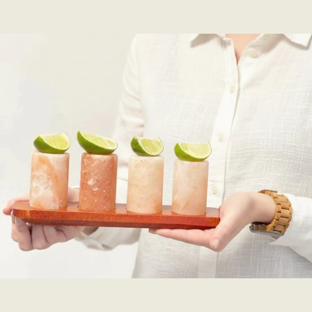 Ancient Wisdom Himalayan Salt Shot Glasses & Wood Serving Stand - Gift Set of 2 or 4 Home & Garden > Kitchen & Dining > Tableware > Drinkware > Drinkware Sets > Shot Glasses emmy-jane-boutique.myshopify.com