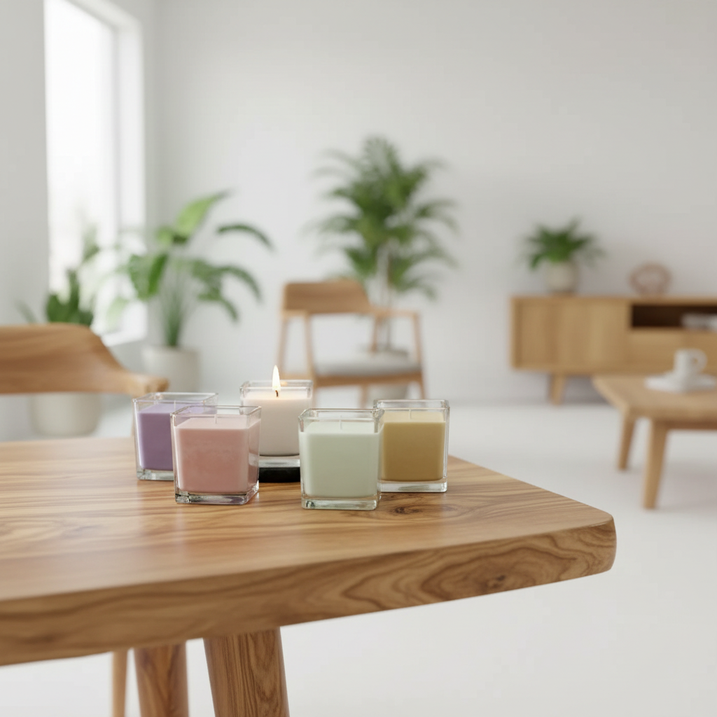 Five small candles in glass containers on a wooden table with a blurred indoor setting.