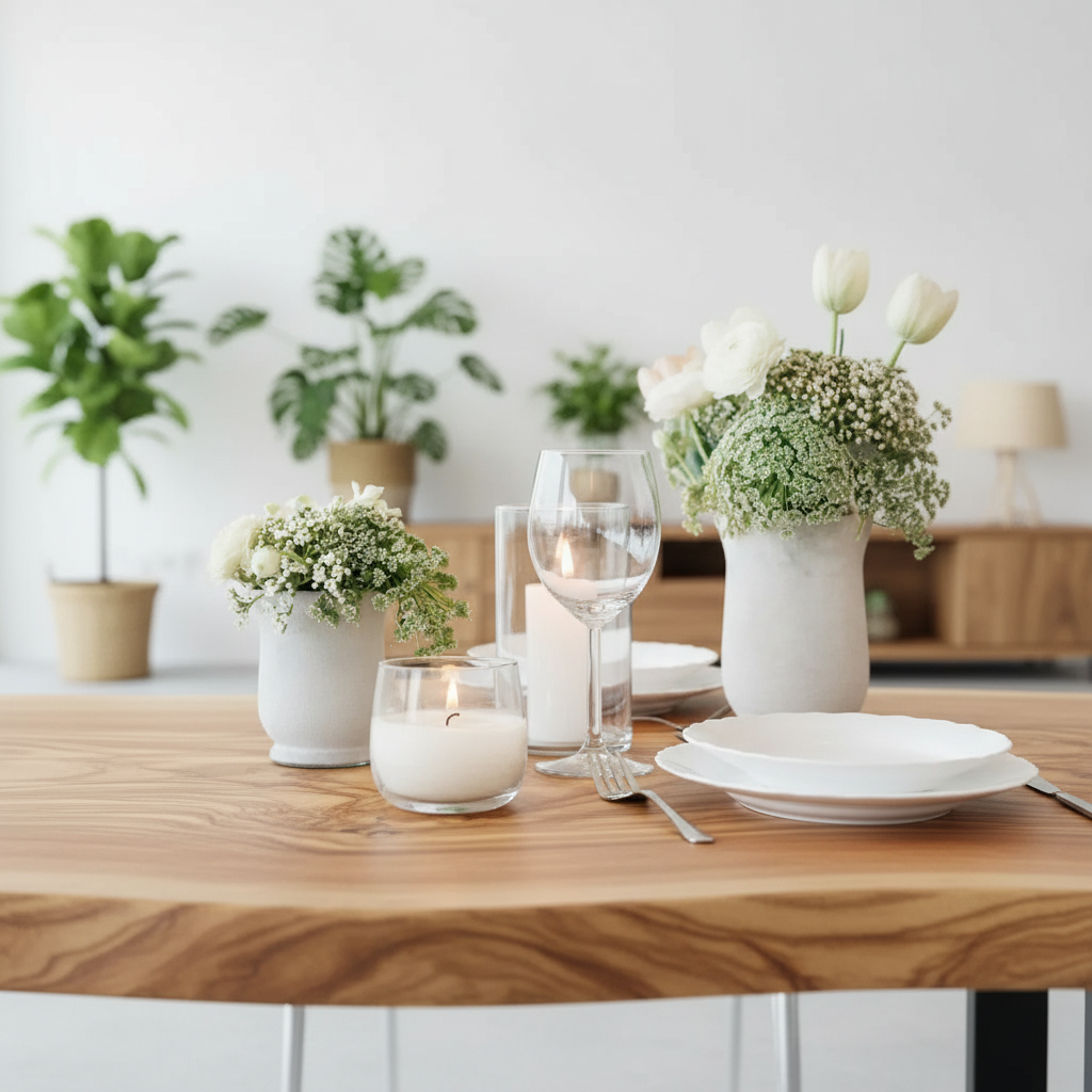 Dining table set with white plates, glasses, a white candle and flowers in a home setting.