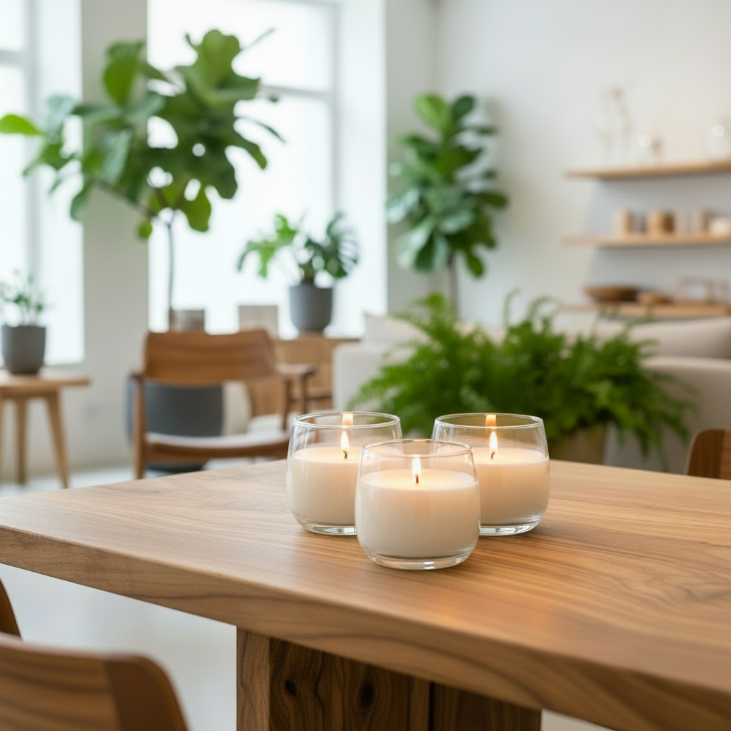 Three lit candles in glass holders on a wooden table with a blurred indoor setting in the background.