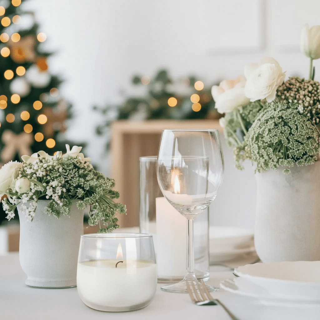 Decorative table setting with candles, wine glasses, and flowers in a festive indoor setting.