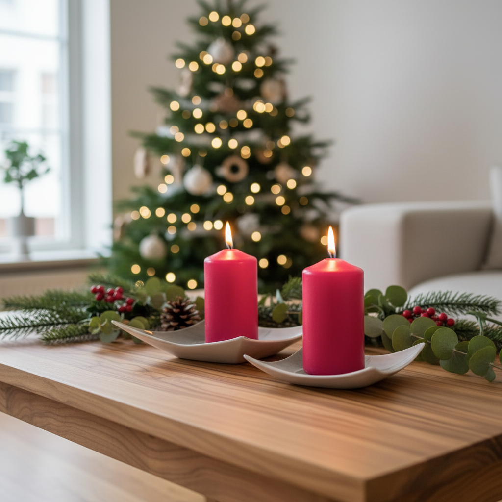 Two red candles on a wooden surface with a decorated Christmas tree in the background.